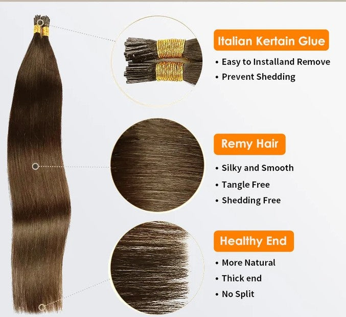 I Tip Hair Extensions Natural Remy Human Hair (#8 Light Brown)