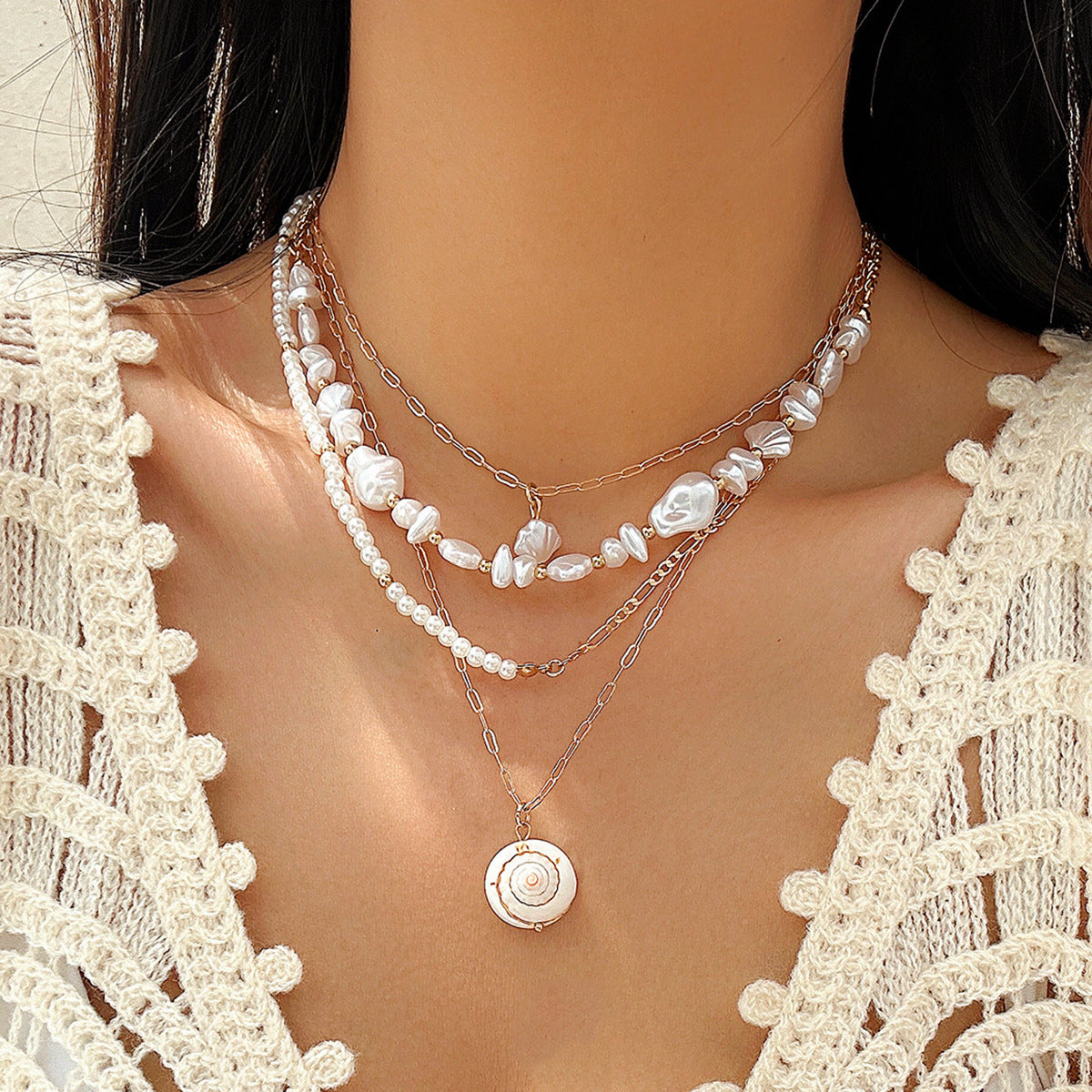 Beaded shell ocean style retro necklace, crushed stone Baroque imitation pearl necklace