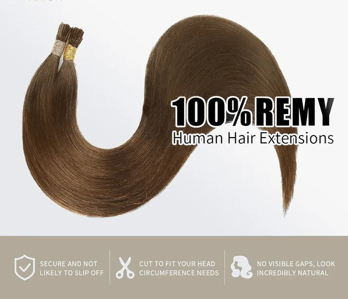 I Tip Hair Extensions Natural Remy Human Hair (#8 Light Brown)