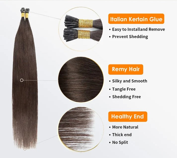 I Tip Hair Extensions Straight Natural Remy Human Hair (#2 Darkest Brown )
