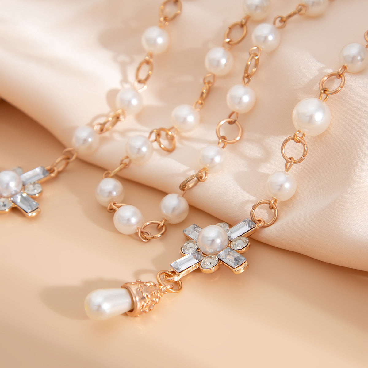 Cold Wind Cross Pearl Necklace Set with Personalized Versatile Tassel Alloy Collar Chain