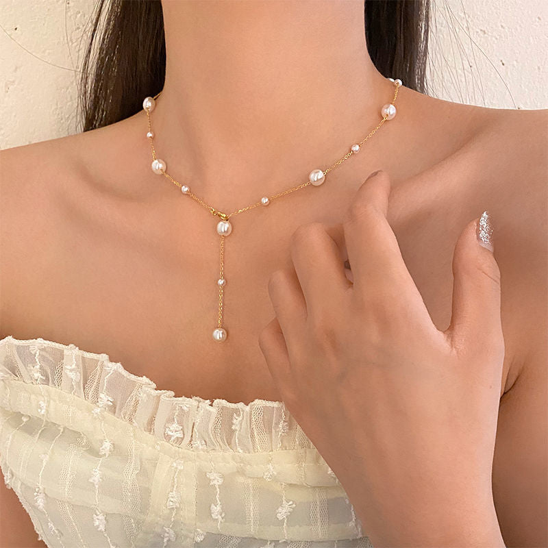 Elegant collarbone chain, small and fresh titanium steel, starry sky, pearl, simple tassel, versatile, personalized necklace for women