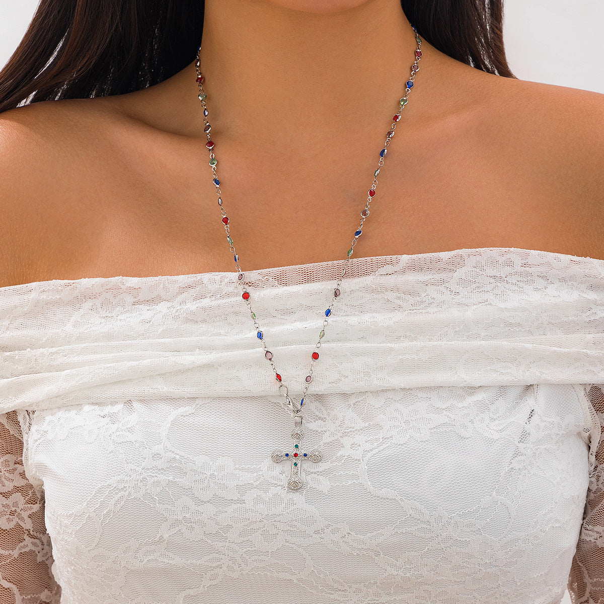 Diamond studded cross pendant collarbone chain ins wind alloy necklace minimalist