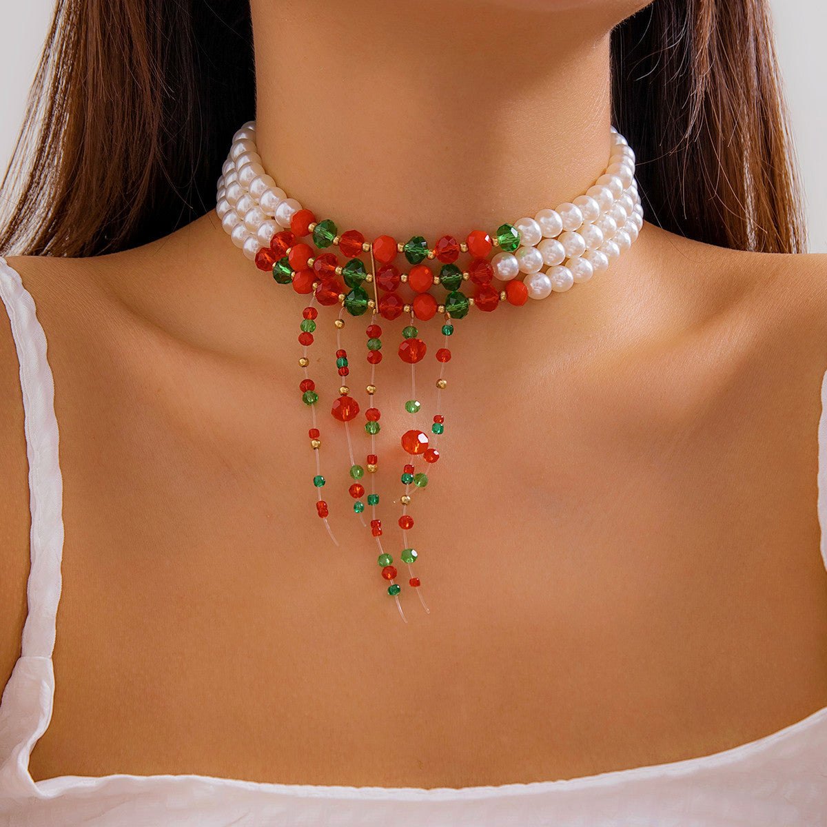 Christmas necklace with personalized round beads, multi-layered choker, retro Gothic tassel imitation pearl collar