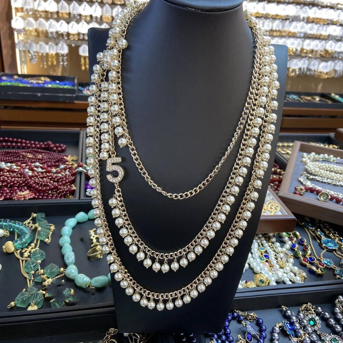 Europe and the United States popular explosion 5 lucky number necklace three layers with pearl exaggerated necklace sweater chai