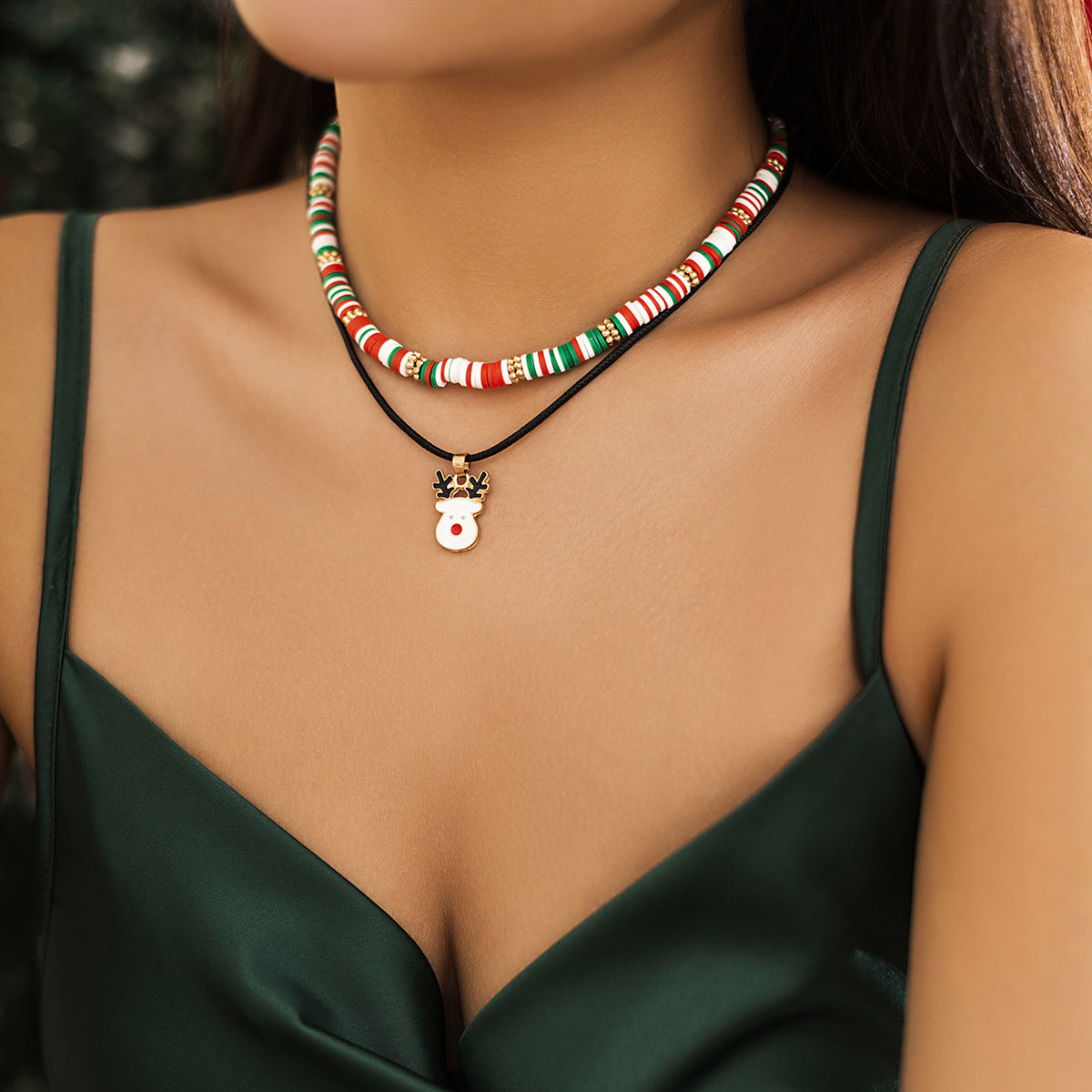 Christmas holiday soft ceramic necklace set snowman elk micro inlaid necklace
