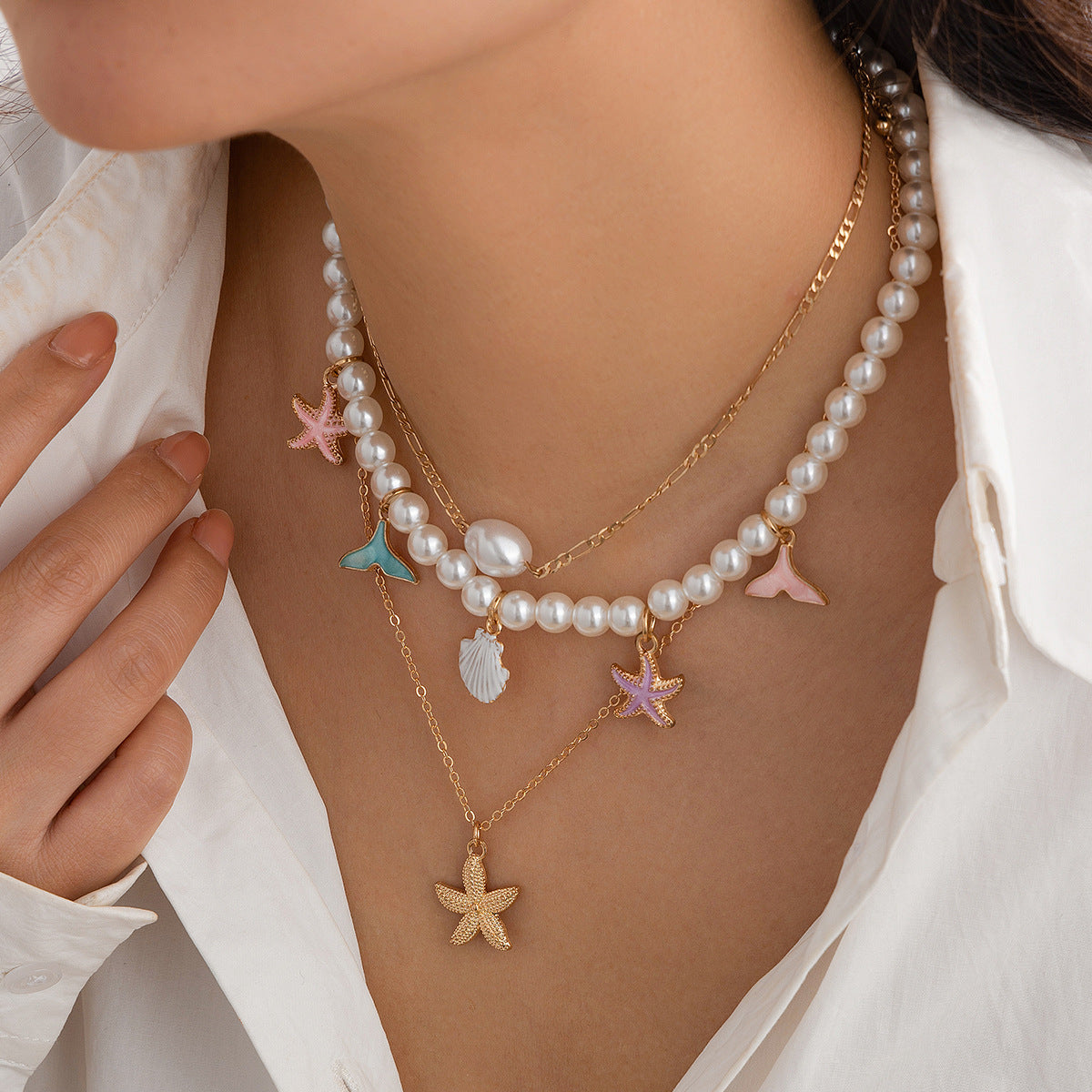 Beaded shell ocean style retro necklace, crushed stone Baroque imitation pearl necklace