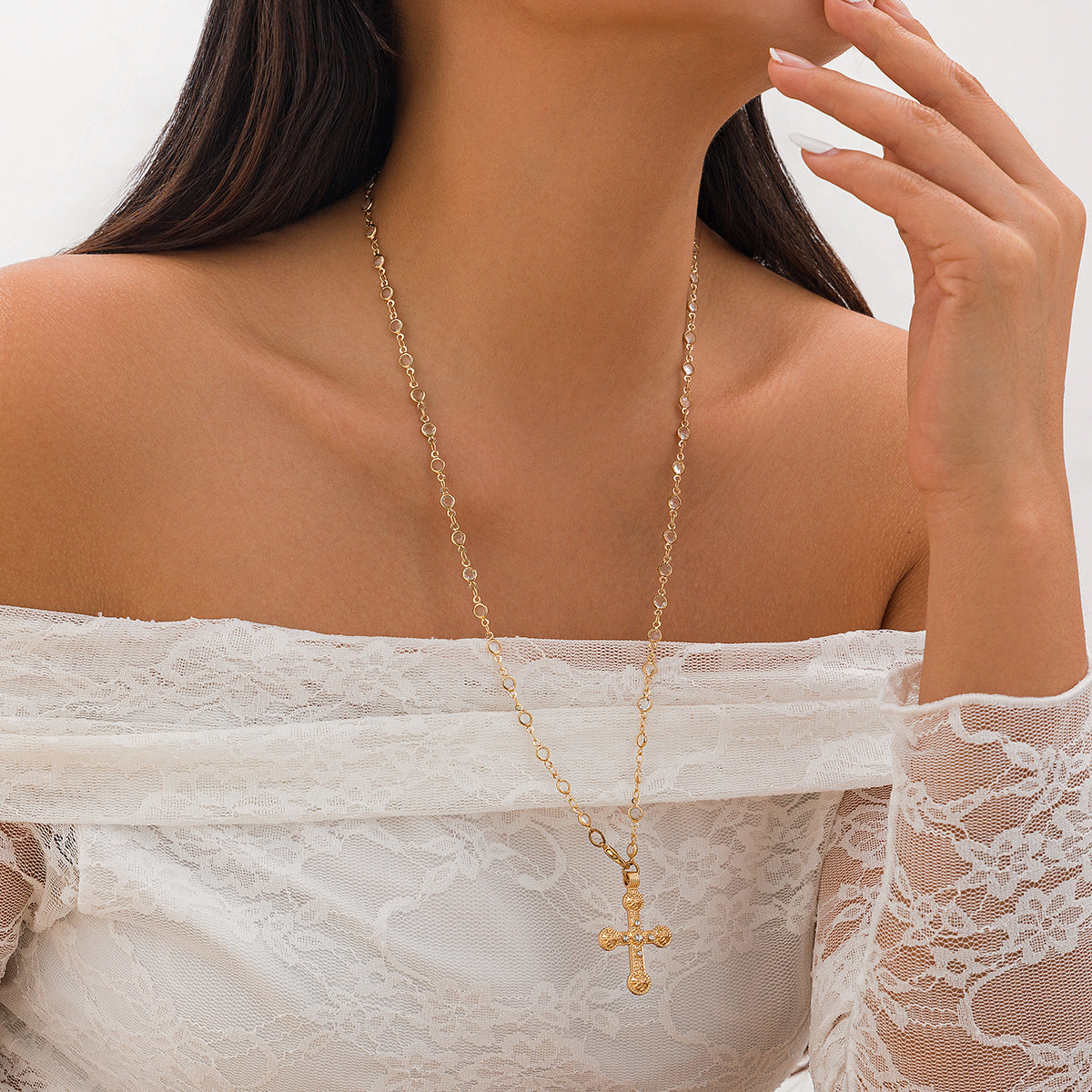 Diamond studded cross pendant collarbone chain ins wind alloy necklace minimalist