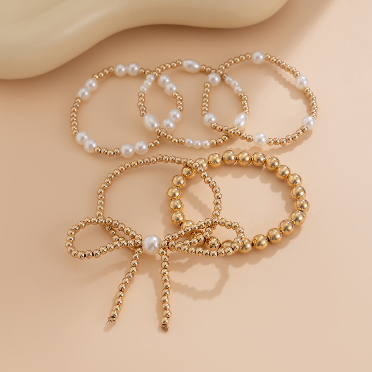 Butterfly knot bead multi-layer bracelet 5-piece set, internet famous style imitation pearl bracelet for women