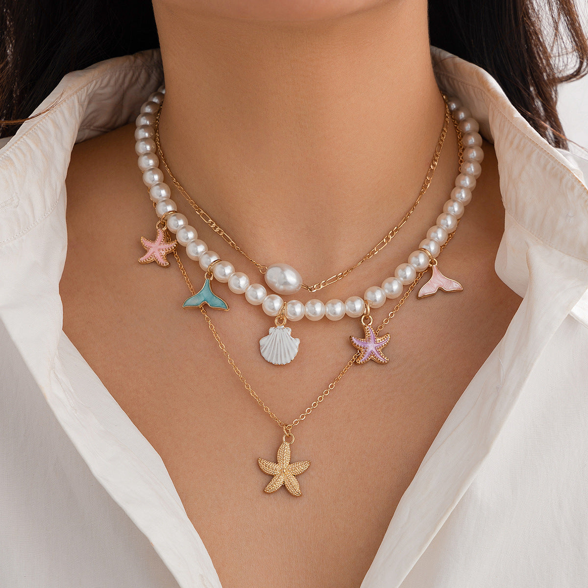 Beaded shell ocean style retro necklace, crushed stone Baroque imitation pearl necklace