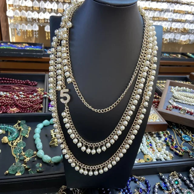Europe and the United States popular explosion 5 lucky number necklace three layers with pearl exaggerated necklace sweater chai