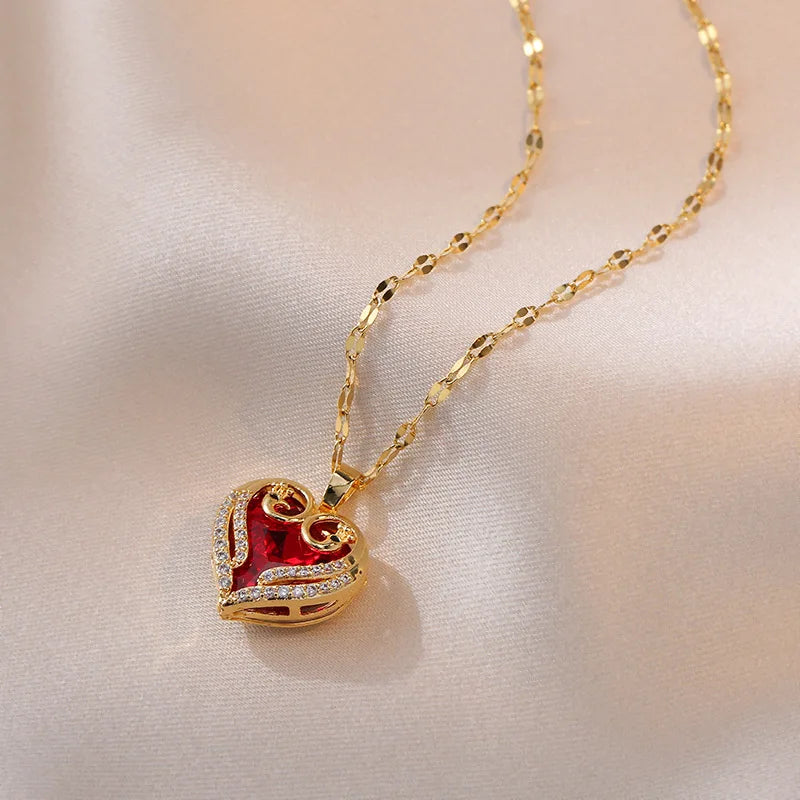 Colorful Zircon Love Heart Pendant Necklaces for Women Girls Stainless Steel Trendy Romantic Jewelry Accessories Gifts