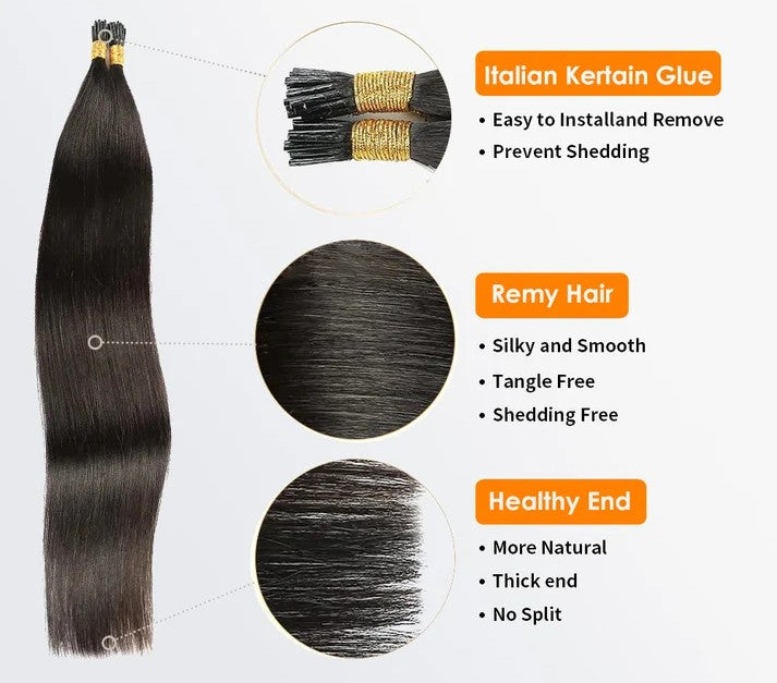 I Tip Hair Extensions Natural Remy Human Hair (#1 Light Brown)