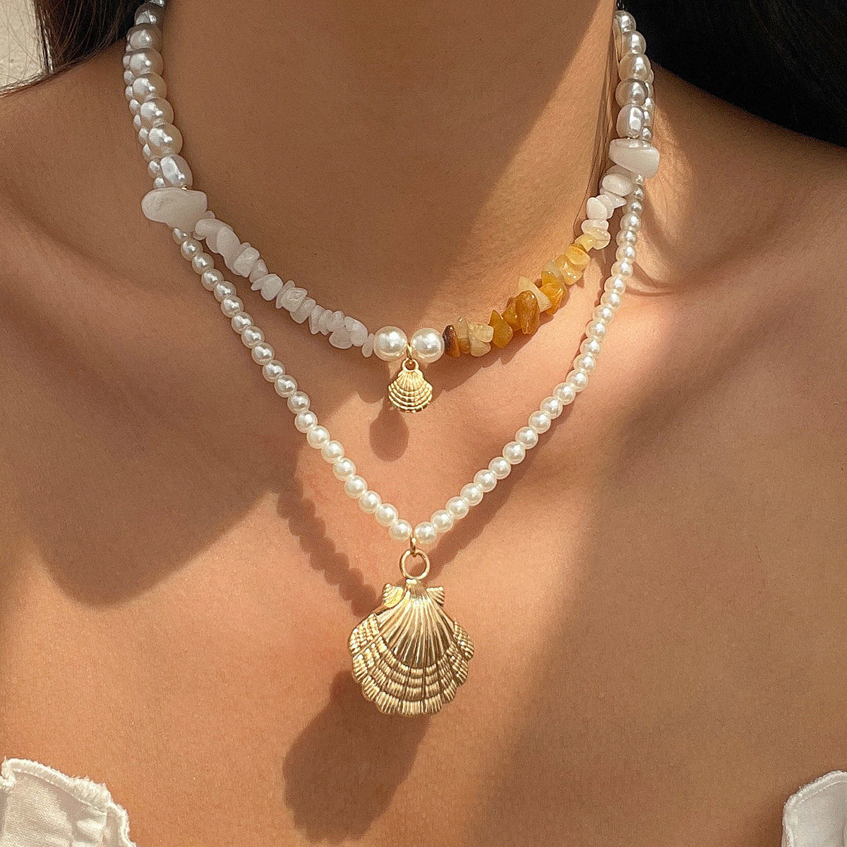 Beaded shell ocean style retro necklace, crushed stone Baroque imitation pearl necklace