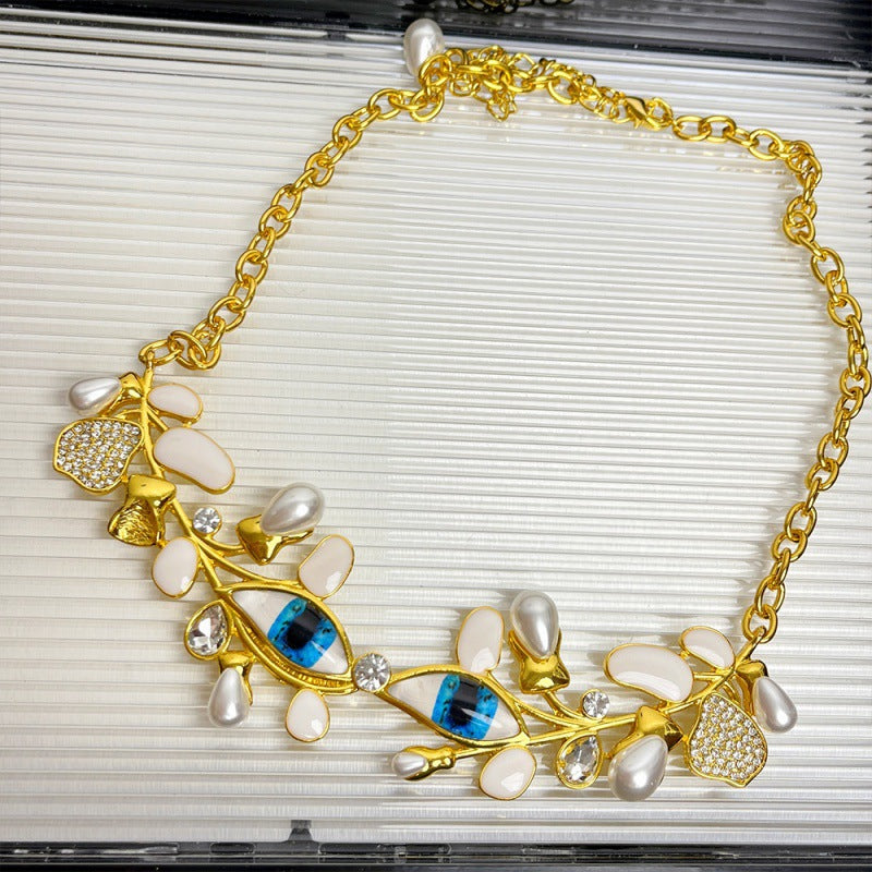 Devil's Eye Dripping Oil Leaf Necklace Metal Pearl Tassel Clavicle Chain niche high-end neck chain