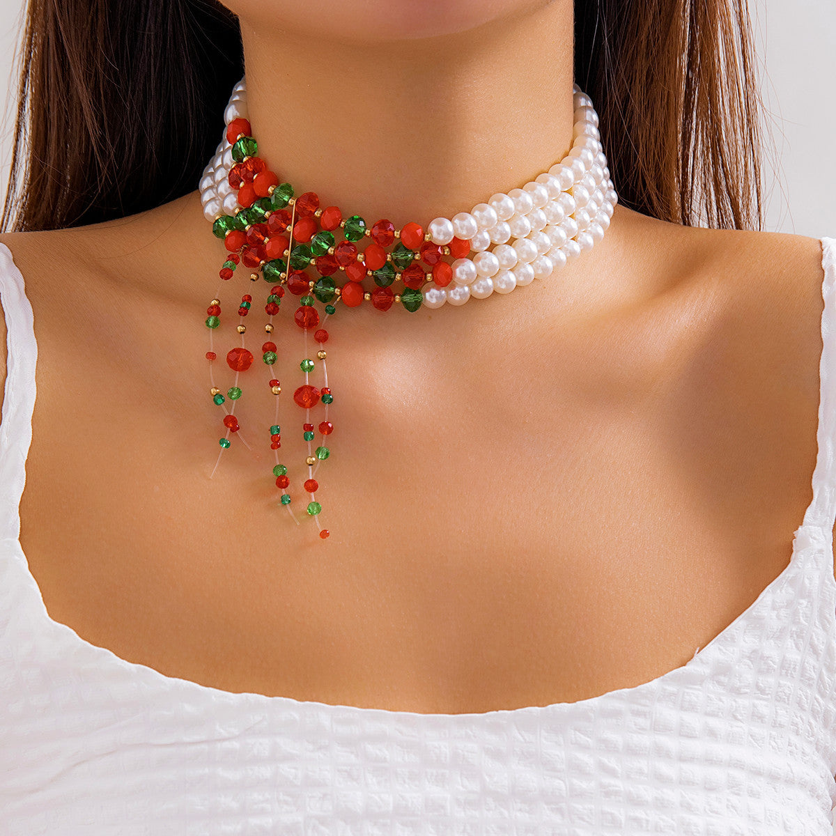 Christmas necklace with personalized round beads, multi-layered choker, retro Gothic tassel imitation pearl collar
