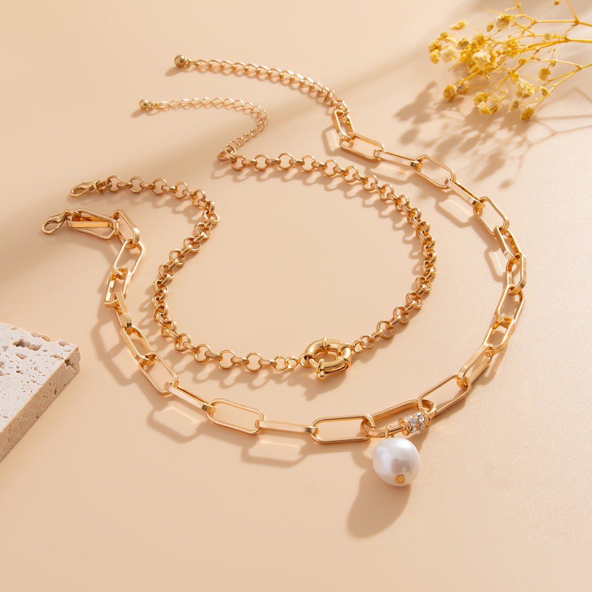 Advanced alloy OT buckle thick chain necklace Baroque pearl multi-layer collarbone chain for women