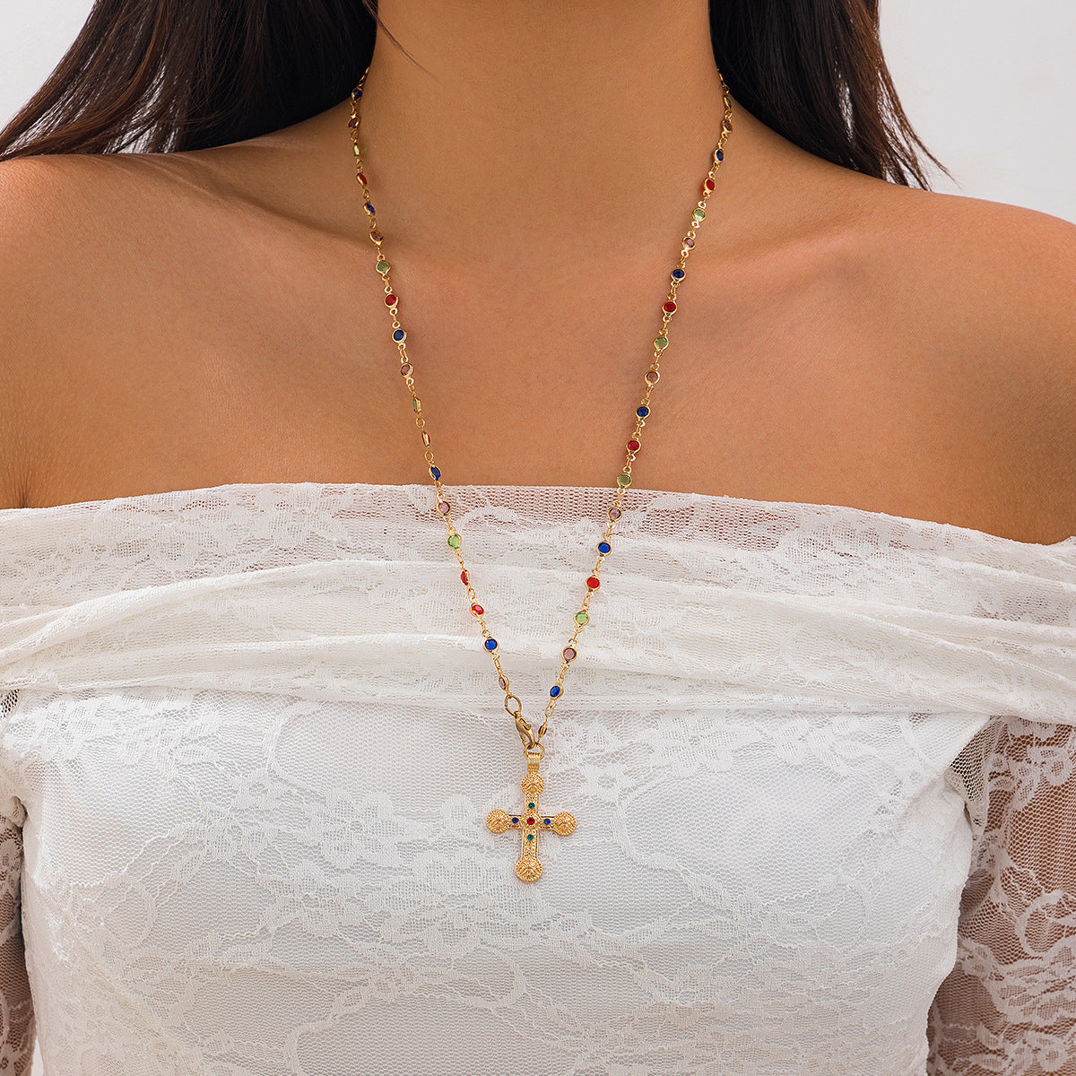 Diamond studded cross pendant collarbone chain ins wind alloy necklace minimalist