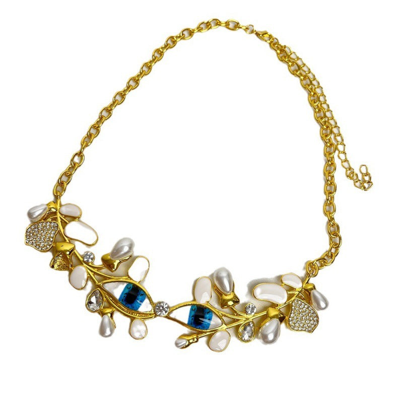Devil's Eye Dripping Oil Leaf Necklace Metal Pearl Tassel Clavicle Chain niche high-end neck chain