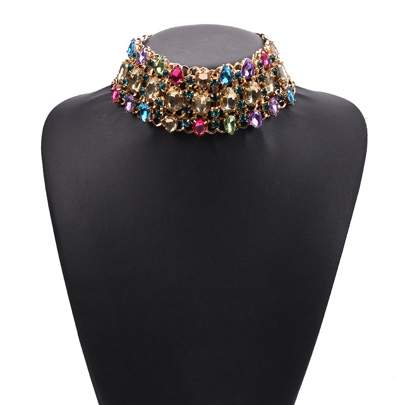 Autumn and winter classic European and American big brands full of diamonds, colorful water droplets, exaggerated necklaces, collarbone chains, clothing accessories