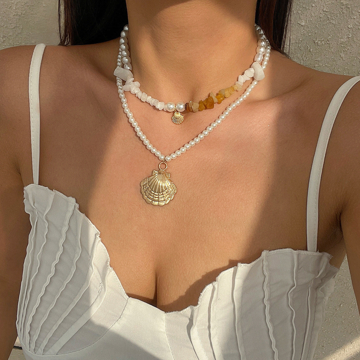 Beaded shell ocean style retro necklace, crushed stone Baroque imitation pearl necklace