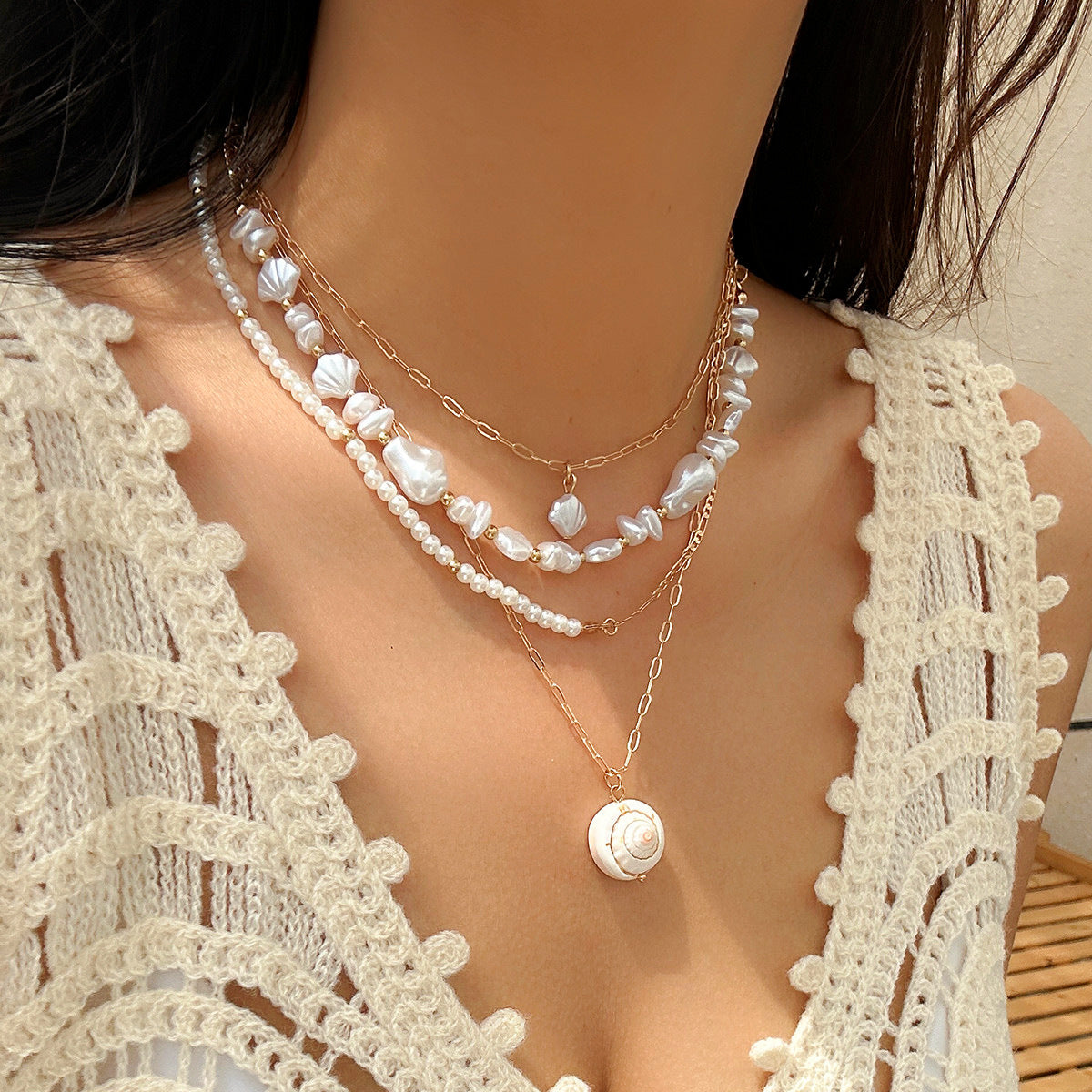 Beaded shell ocean style retro necklace, crushed stone Baroque imitation pearl necklace