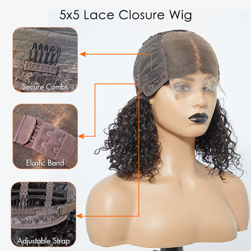 150% Density 5x5 Glueless Lace Closure Bob Wig Water Wave